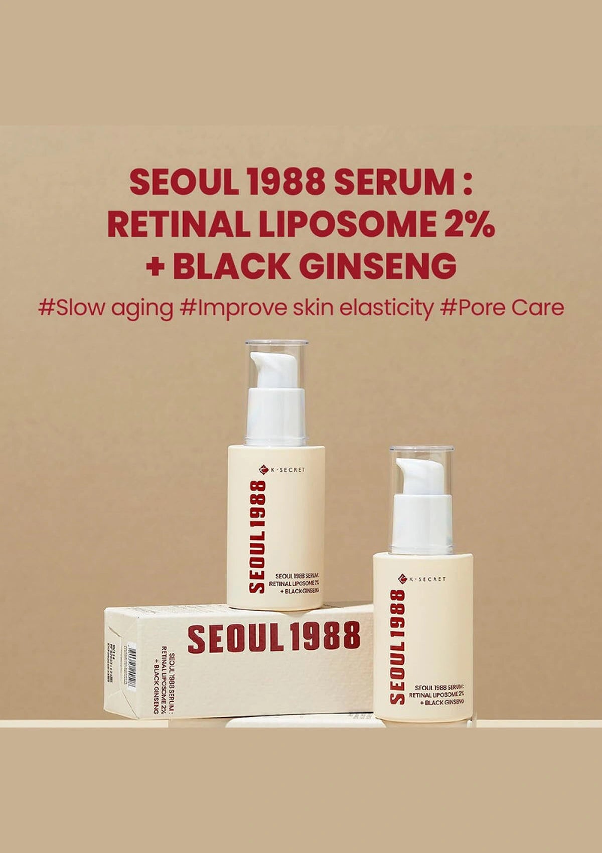 SEOUL 1988 serum bottles and packaging on a beige background